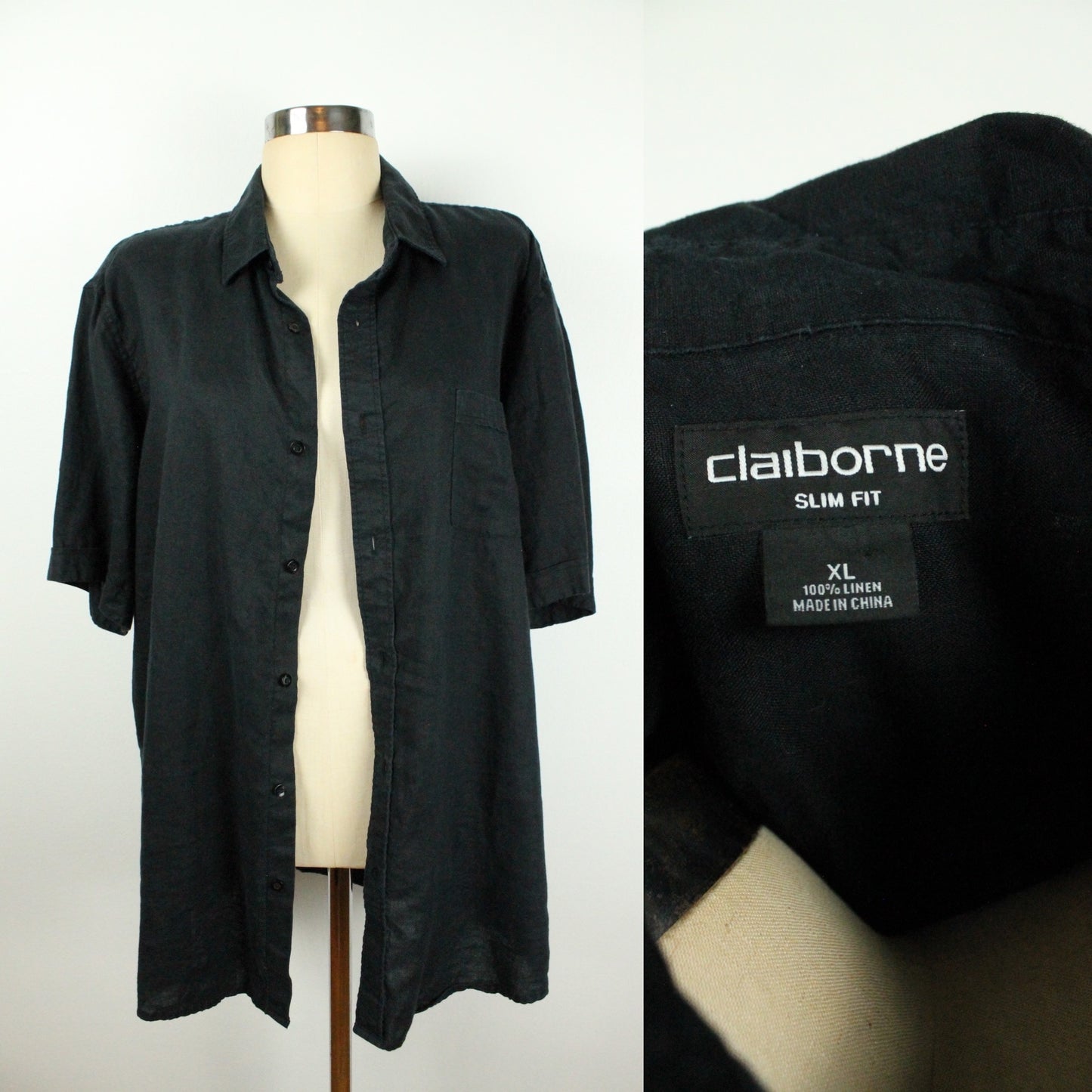 2000s Black Linen Button-Up